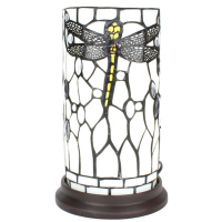 Bílá válcovitá stolní lampa Tiffany s vážkou